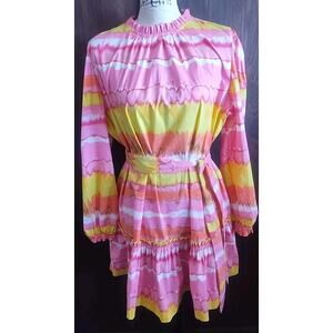 Dopamine Easter Watercolor Tiered Small (4-6) Belt High Neck Pink Yellow Dress
